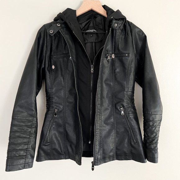 Black Leather Jacket with Detachable Hood - Picture 3 of 8